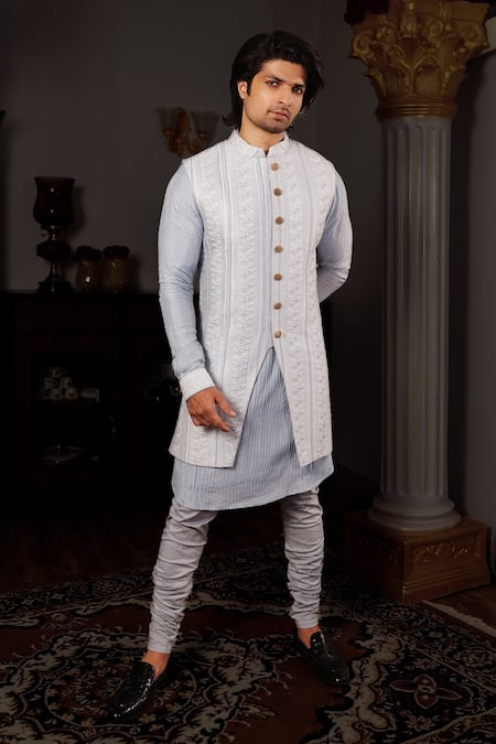 Yajy By Aditya Jain_Blue Churidar Stretch Cotton, Kurta And Bundi Silk Chikankari Sharatha Set_Online_at_Aza_Fashions