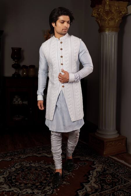 Buy_Yajy By Aditya Jain_Blue Churidar Stretch Cotton, Kurta And Bundi Silk Chikankari Sharatha Set_Online_at_Aza_Fashions