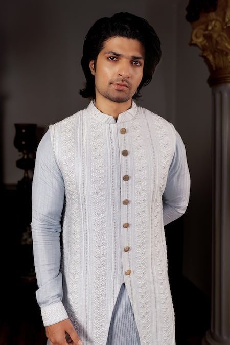 Shop_Yajy By Aditya Jain_Blue Churidar Stretch Cotton, Kurta And Bundi Silk Chikankari Sharatha Set_Online_at_Aza_Fashions
