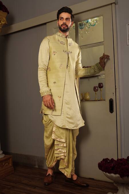 Yajy By Aditya Jain Green Silk Floral, Sequin Keyshi Bundi And Kurta Set Online at Aza Fashions Yajy By Aditya Jain_Green Silk Floral, Sequin Keyshi Bundi And Kurta Set _Online_at_Aza_Fashions