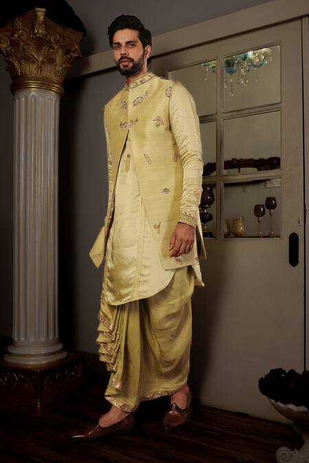 Shop Yajy By Aditya Jain Green Silk Floral, Sequin Keyshi Bundi And Kurta Set Online at Aza Fashions Shop_Yajy By Aditya Jain_Green Silk Floral, Sequin Keyshi Bundi And Kurta Set _Online_at_Aza_Fashions