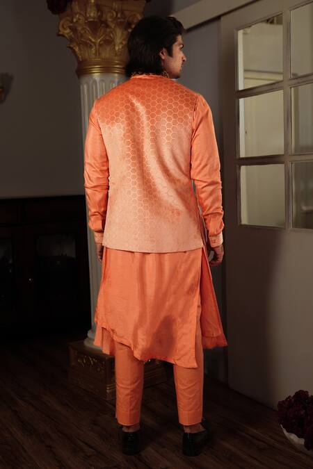 Shop Yajy By Aditya Jain Peach Kurta And Bandi Silk, Pants Stretch Cotton Neo Osh Printed Bundi & Set at Aza Fashions Shop_Yajy By Aditya Jain_Peach Kurta And Bandi Silk, Pants Stretch Cotton Neo Osh Printed Bundi & Set _at_Aza_Fashions
