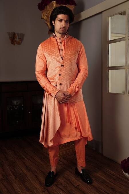 Yajy By Aditya Jain Peach Kurta And Bandi Silk, Pants Stretch Cotton Neo Osh Printed Bundi & Set Online at Aza Fashions Yajy By Aditya Jain_Peach Kurta And Bandi Silk, Pants Stretch Cotton Neo Osh Printed Bundi & Set _Online_at_Aza_Fashions