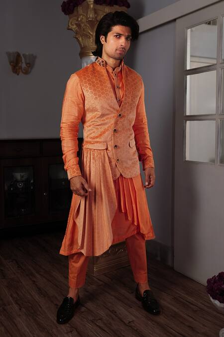 Buy Yajy By Aditya Jain Peach Kurta And Bandi Silk, Pants Stretch Cotton Neo Osh Printed Bundi & Set Online at Aza Fashions Buy_Yajy By Aditya Jain_Peach Kurta And Bandi Silk, Pants Stretch Cotton Neo Osh Printed Bundi & Set _Online_at_Aza_Fashions