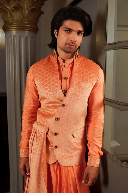 Shop Yajy By Aditya Jain Peach Kurta And Bandi Silk, Pants Stretch Cotton Neo Osh Printed Bundi & Set Online at Aza Fashions Shop_Yajy By Aditya Jain_Peach Kurta And Bandi Silk, Pants Stretch Cotton Neo Osh Printed Bundi & Set _Online_at_Aza_Fashions