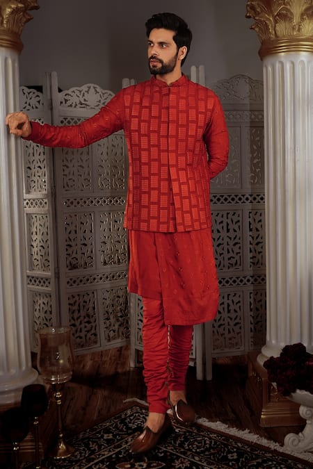 Yajy By Aditya Jain Red Churidar Stretch Cotton, Kurta And Bundi Silk Dara Embroidered & Set