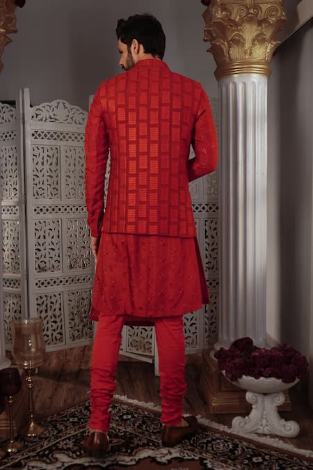 Shop Yajy By Aditya Jain Red Churidar Stretch Cotton, Kurta And Bundi Silk Dara Embroidered & Set at Aza Fashions Shop_Yajy By Aditya Jain_Red Churidar Stretch Cotton, Kurta And Bundi Silk Dara Embroidered & Set _at_Aza_Fashions