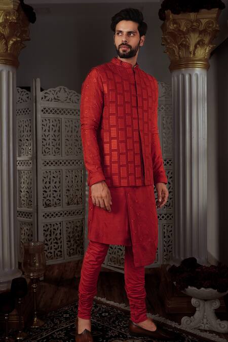 Yajy By Aditya Jain Red Churidar Stretch Cotton, Kurta And Bundi Silk Dara Embroidered & Set Online at Aza Fashions Yajy By Aditya Jain_Red Churidar Stretch Cotton, Kurta And Bundi Silk Dara Embroidered & Set _Online_at_Aza_Fashions