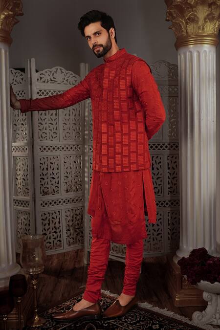 Buy Yajy By Aditya Jain Red Churidar Stretch Cotton, Kurta And Bundi Silk Dara Embroidered & Set Online at Aza Fashions Buy_Yajy By Aditya Jain_Red Churidar Stretch Cotton, Kurta And Bundi Silk Dara Embroidered & Set _Online_at_Aza_Fashions
