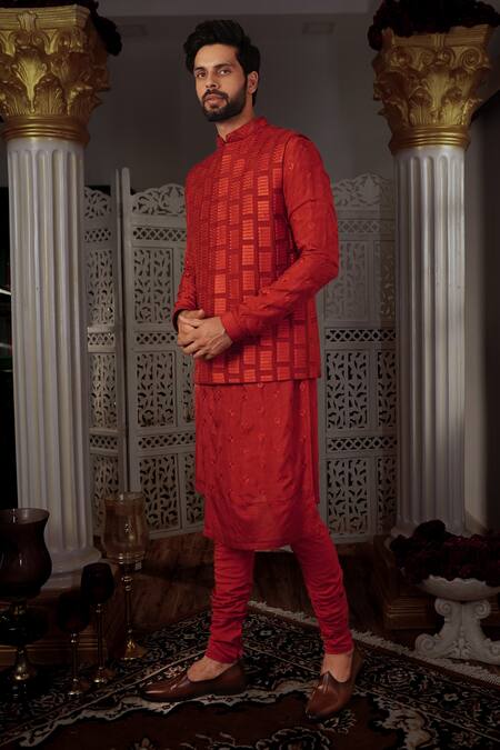 Shop Yajy By Aditya Jain Red Churidar Stretch Cotton, Kurta And Bundi Silk Dara Embroidered & Set Online at Aza Fashions Shop_Yajy By Aditya Jain_Red Churidar Stretch Cotton, Kurta And Bundi Silk Dara Embroidered & Set _Online_at_Aza_Fashions