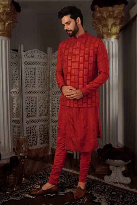Yajy By Aditya Jain Red Churidar Stretch Cotton, Kurta And Bundi Silk Dara Embroidered & Set at Aza Fashions Yajy By Aditya Jain_Red Churidar Stretch Cotton, Kurta And Bundi Silk Dara Embroidered & Set _at_Aza_Fashions