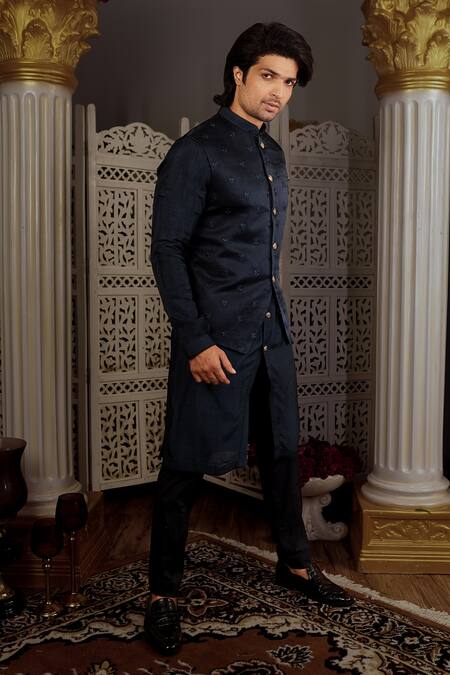 Yajy By Aditya Jain_Blue Kurta And Bandi Silk, Pants Stretch Cotton Ramalya Embroidered Bundi & Set _Online_at_Aza_Fashions