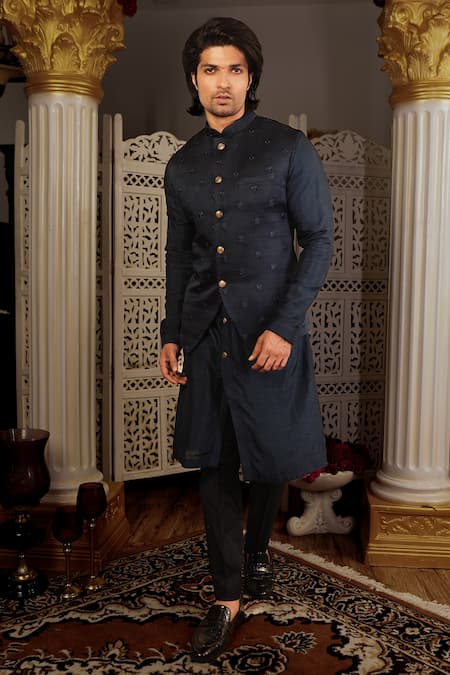 Buy_Yajy By Aditya Jain_Blue Kurta And Bandi Silk, Pants Stretch Cotton Ramalya Embroidered Bundi & Set _Online_at_Aza_Fashions