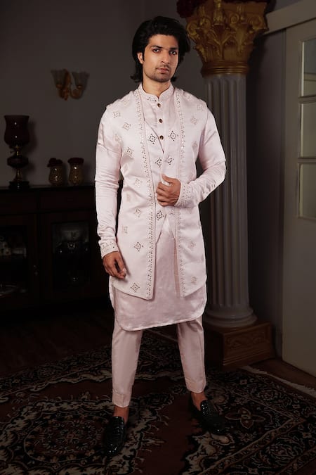 Yajy By Aditya Jain Pink Churidar Stretch Cotton, Kurta And Bandi Serish Embroidered Bundi & Set