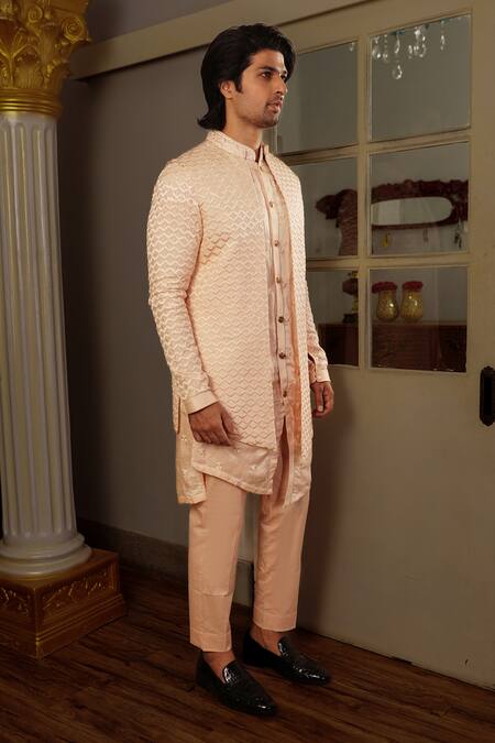 Yajy By Aditya Jain_Peach Kurta And Bandi Silk, Pants Stretch Cotton Seri Embroidered Bundi & Set _Online_at_Aza_Fashions