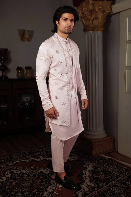 Yajy By Aditya Jain_Pink Churidar Stretch Cotton, Kurta And Bandi Serish Embroidered Bundi & Set _Online_at_Aza_Fashions