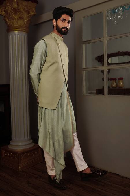 Shop Yajy By Aditya Jain Green Kurta And Bandi Silk, Pants Stretch Cotton Floral Trishti Bundi & Set at Aza Fashions Shop_Yajy By Aditya Jain_Green Kurta And Bandi Silk, Pants Stretch Cotton Floral Trishti Bundi & Set _at_Aza_Fashions