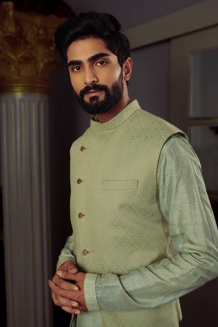Yajy By Aditya Jain Green Kurta And Bandi Silk, Pants Stretch Cotton Floral Trishti Bundi & Set Online at Aza Fashions Yajy By Aditya Jain_Green Kurta And Bandi Silk, Pants Stretch Cotton Floral Trishti Bundi & Set _Online_at_Aza_Fashions