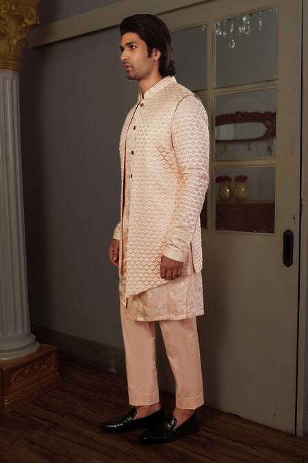 Buy_Yajy By Aditya Jain_Peach Kurta And Bandi Silk, Pants Stretch Cotton Seri Embroidered Bundi & Set _Online_at_Aza_Fashions