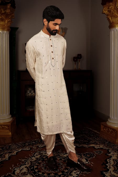 Yajy By Aditya Jain_Off White Churidar Stretch Cotton, Kurta Silk Mirror Salya Embroidered Set _Online_at_Aza_Fashions