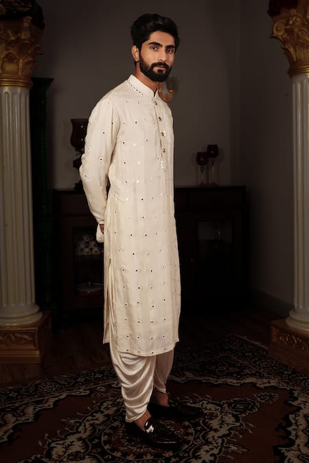 Buy_Yajy By Aditya Jain_Off White Churidar Stretch Cotton, Kurta Silk Mirror Salya Embroidered Set _Online_at_Aza_Fashions