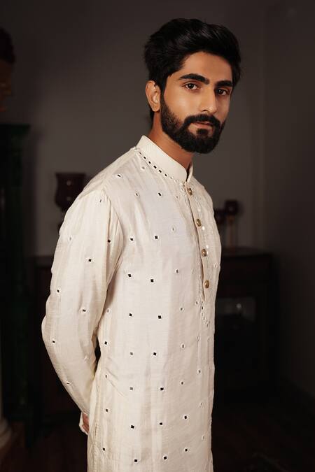 Shop_Yajy By Aditya Jain_Off White Churidar Stretch Cotton, Kurta Silk Mirror Salya Embroidered Set _Online_at_Aza_Fashions