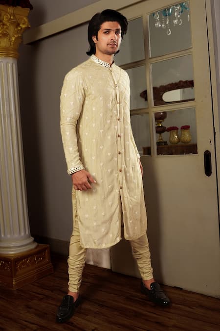 Shop Yajy By Aditya Jain Green Churidar Stretch Cotton, Kurta Silk Mirror, Abla Yuga Set at Aza Fashions Shop_Yajy By Aditya Jain_Green Churidar Stretch Cotton, Kurta Silk Mirror, Abla Yuga Set _at_Aza_Fashions