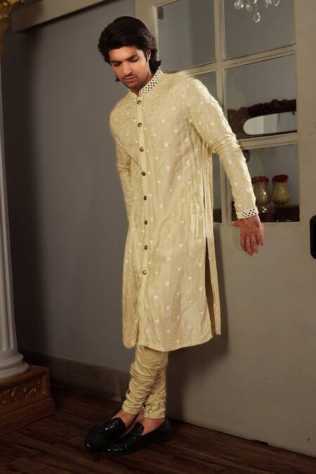 Yajy By Aditya Jain Green Churidar Stretch Cotton, Kurta Silk Mirror, Abla Yuga Set Online at Aza Fashions Yajy By Aditya Jain_Green Churidar Stretch Cotton, Kurta Silk Mirror, Abla Yuga Set _Online_at_Aza_Fashions