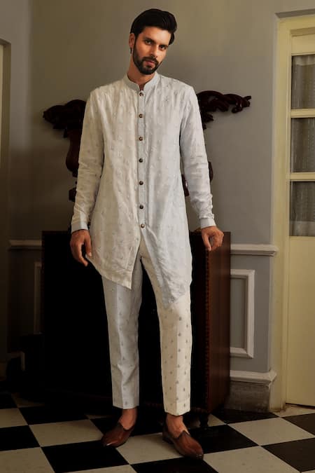 Yajy By Aditya Jain Blue Kurta Silk, Pants Stretch Cotton Floral Kirtti Set