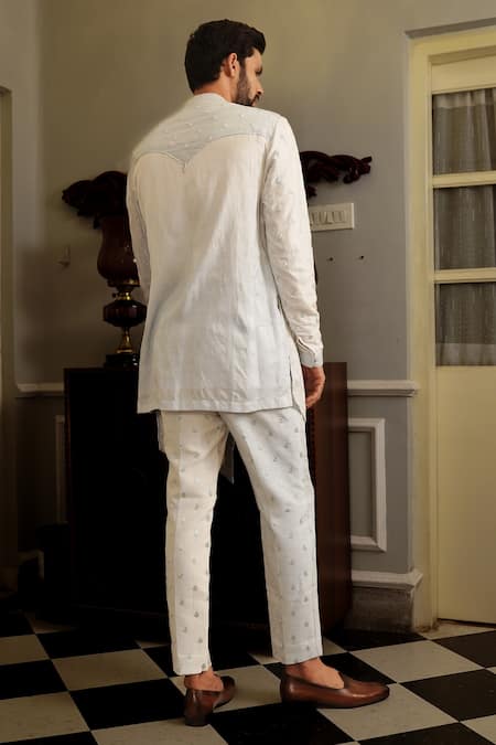 Shop Yajy By Aditya Jain Blue Kurta Silk, Pants Stretch Cotton Floral Kirtti Set at Aza Fashions Shop_Yajy By Aditya Jain_Blue Kurta Silk, Pants Stretch Cotton Floral Kirtti Set _at_Aza_Fashions