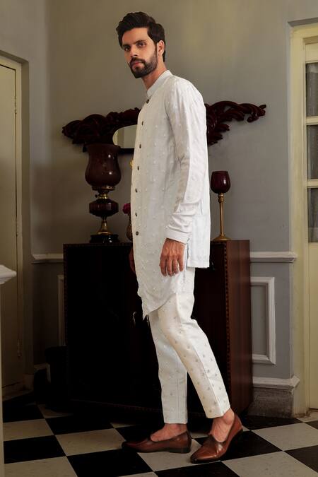 Yajy By Aditya Jain Blue Kurta Silk, Pants Stretch Cotton Floral Kirtti Set Online at Aza Fashions Yajy By Aditya Jain_Blue Kurta Silk, Pants Stretch Cotton Floral Kirtti Set _Online_at_Aza_Fashions