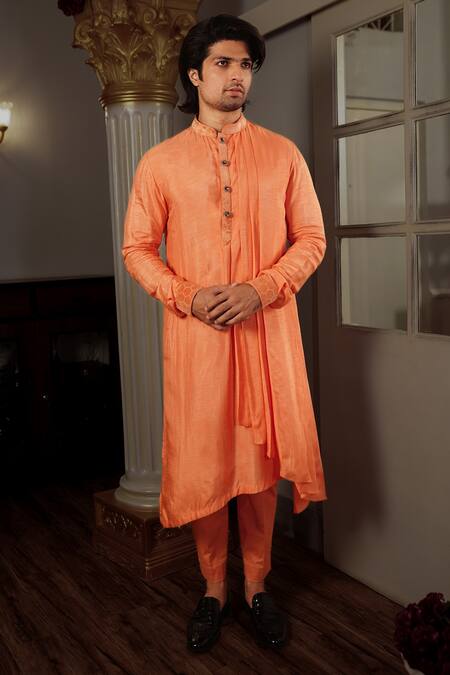 YAJY by Aditya Jain Peach Kurta Silk Plain Osh Pleated Set 