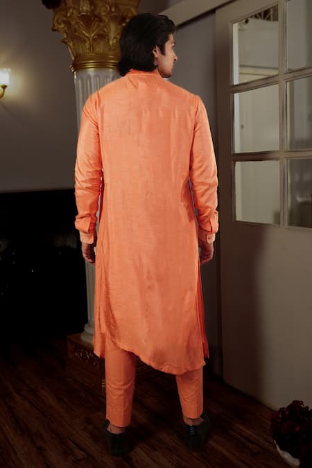 Shop Yajy By Aditya Jain Peach Kurta Silk, Pants Stretch Cotton Plain Osh Pleated Set at Aza Fashions Shop_Yajy By Aditya Jain_Peach Kurta Silk, Pants Stretch Cotton Plain Osh Pleated Set _at_Aza_Fashions