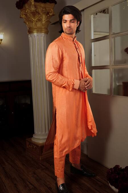 Yajy By Aditya Jain Peach Kurta Silk, Pants Stretch Cotton Plain Osh Pleated Set Online at Aza Fashions Yajy By Aditya Jain_Peach Kurta Silk, Pants Stretch Cotton Plain Osh Pleated Set _Online_at_Aza_Fashions
