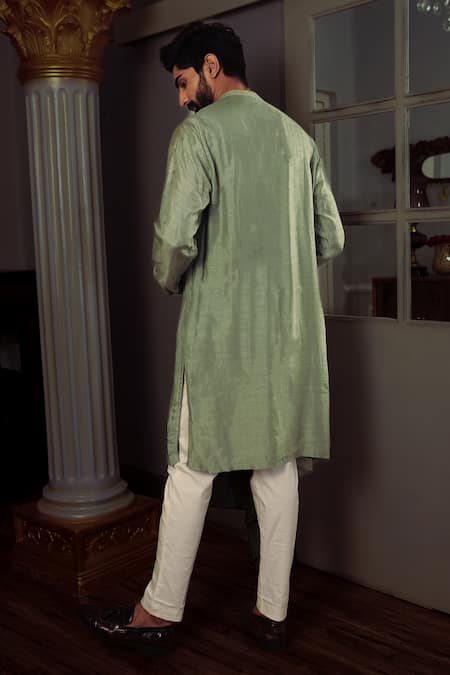 Shop Yajy By Aditya Jain Green Kurta Silk, Pants Stretch Cotton Plain Trishti Set at Aza Fashions Shop_Yajy By Aditya Jain_Green Kurta Silk, Pants Stretch Cotton Plain Trishti Set _at_Aza_Fashions