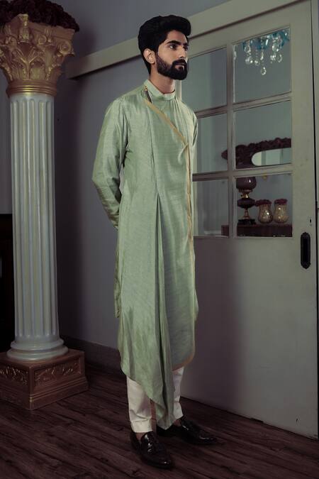 Yajy By Aditya Jain Green Kurta Silk, Pants Stretch Cotton Plain Trishti Set Online at Aza Fashions Yajy By Aditya Jain_Green Kurta Silk, Pants Stretch Cotton Plain Trishti Set _Online_at_Aza_Fashions