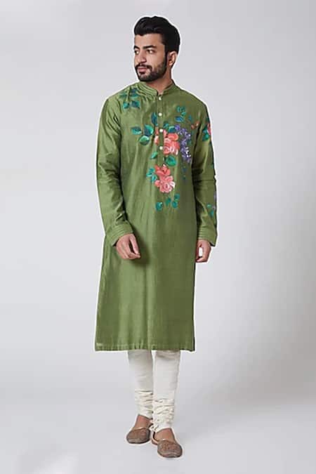 Yajy By Aditya Jain Green Silk Hand Painted Kurta