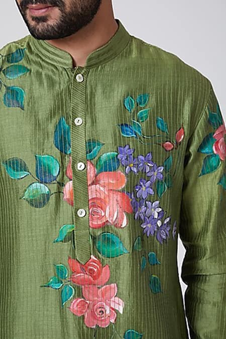 Yajy By Aditya Jain Green Silk Hand Painted Kurta Online at Aza Fashions Yajy By Aditya Jain_Green Silk Hand Painted Kurta _Online_at_Aza_Fashions