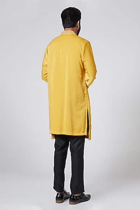 Shop Yajy By Aditya Jain Yellow Silk Panelled Kurta at Aza Fashions Shop_Yajy By Aditya Jain_Yellow Silk Panelled Kurta _at_Aza_Fashions