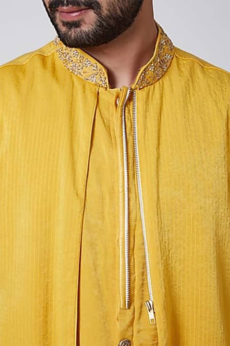 Yajy By Aditya Jain Yellow Silk Panelled Kurta Online at Aza Fashions Yajy By Aditya Jain_Yellow Silk Panelled Kurta _Online_at_Aza_Fashions
