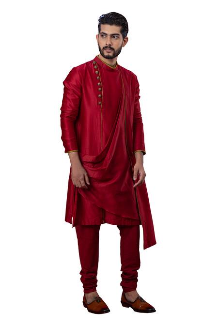 Yajy By Aditya Jain_Red Silk Draped Kurta Set_Online_at_Aza_Fashions
