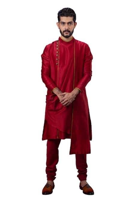 Buy_Yajy By Aditya Jain_Red Silk Draped Kurta Set_Online_at_Aza_Fashions