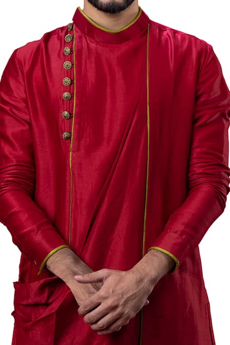 Shop_Yajy By Aditya Jain_Red Silk Draped Kurta Set_Online_at_Aza_Fashions