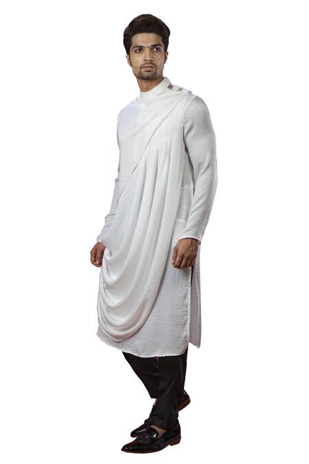 Yajy By Aditya Jain_White Silk Draped Kurta Set_Online_at_Aza_Fashions