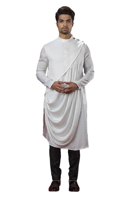 Buy_Yajy By Aditya Jain_White Silk Draped Kurta Set_Online_at_Aza_Fashions