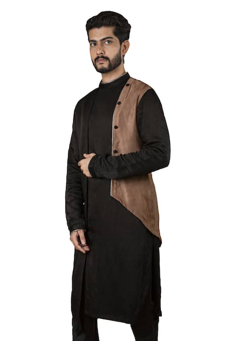 Shop_Yajy By Aditya Jain_Black Silk Asymmetric Kurta Set_Online_at_Aza_Fashions
