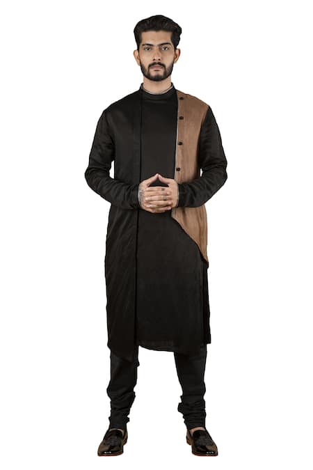 Buy_Yajy By Aditya Jain_Black Silk Asymmetric Kurta Set_Online_at_Aza_Fashions