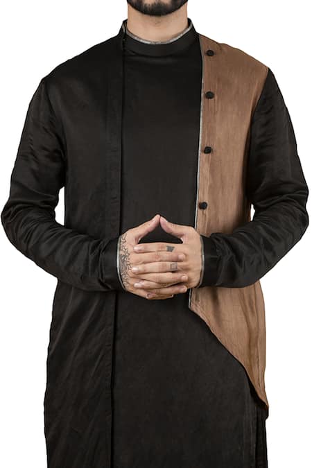 Yajy By Aditya Jain_Black Silk Asymmetric Kurta Set_at_Aza_Fashions