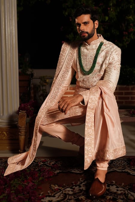 Yajy By Aditya Jain Pink Churidar Stretch Cotton, Kurta And Dupatta Silk, Rama Embroidered Set Online at Aza Fashions Yajy By Aditya Jain_Pink Churidar Stretch Cotton, Kurta And Dupatta Silk, Rama Embroidered Set _Online_at_Aza_Fashions