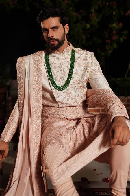 Shop Yajy By Aditya Jain Pink Churidar Stretch Cotton, Kurta And Dupatta Silk, Rama Embroidered Set Online at Aza Fashions Shop_Yajy By Aditya Jain_Pink Churidar Stretch Cotton, Kurta And Dupatta Silk, Rama Embroidered Set _Online_at_Aza_Fashions